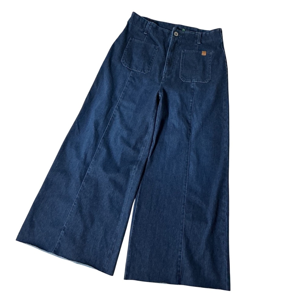 Halara High Waisted Wide Leg Jeans Women Size M Blue Raw Hem Front Patch Pockets